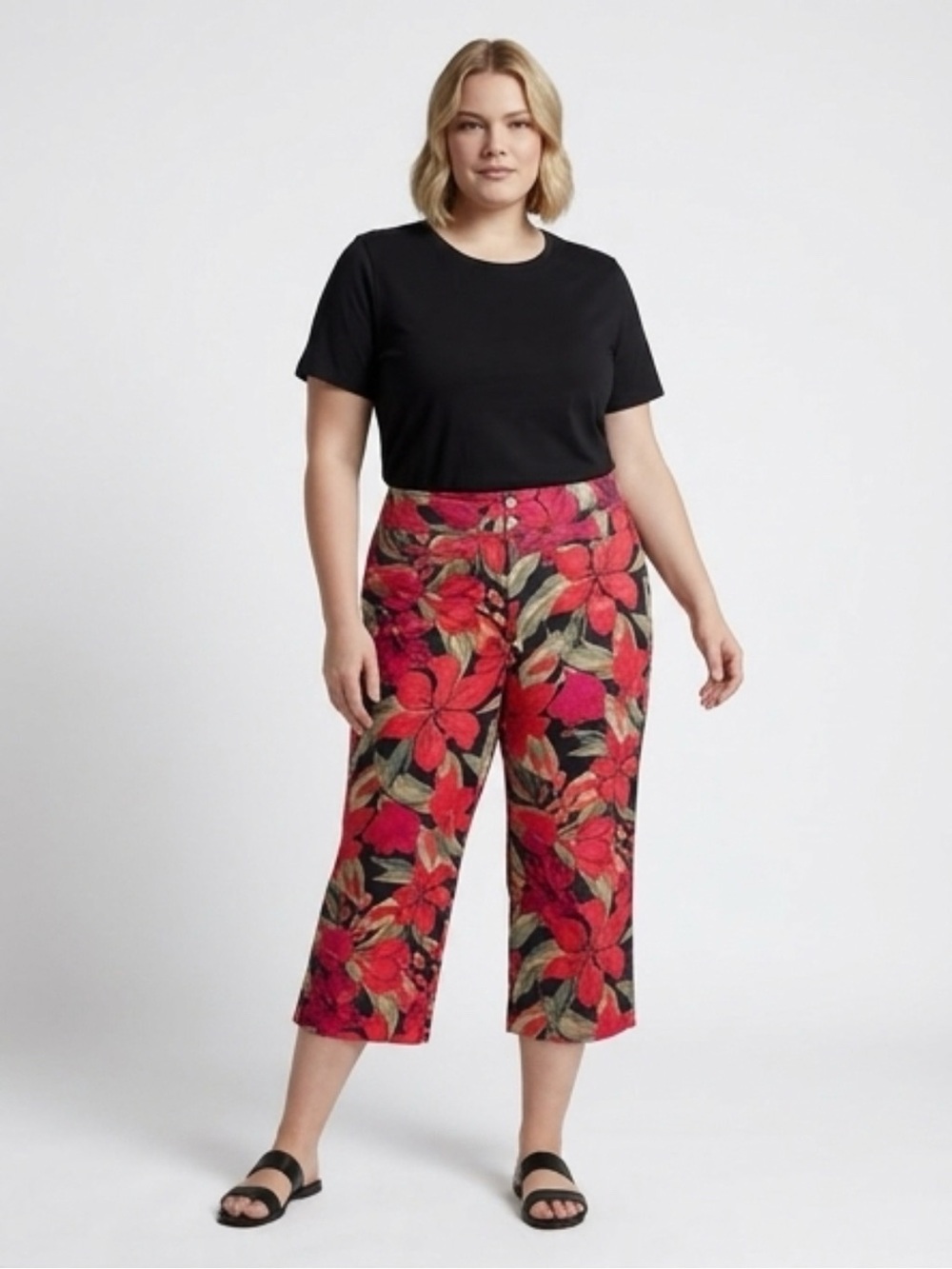 Chico's Red hibiscus all over Floral print Pants flat front career office